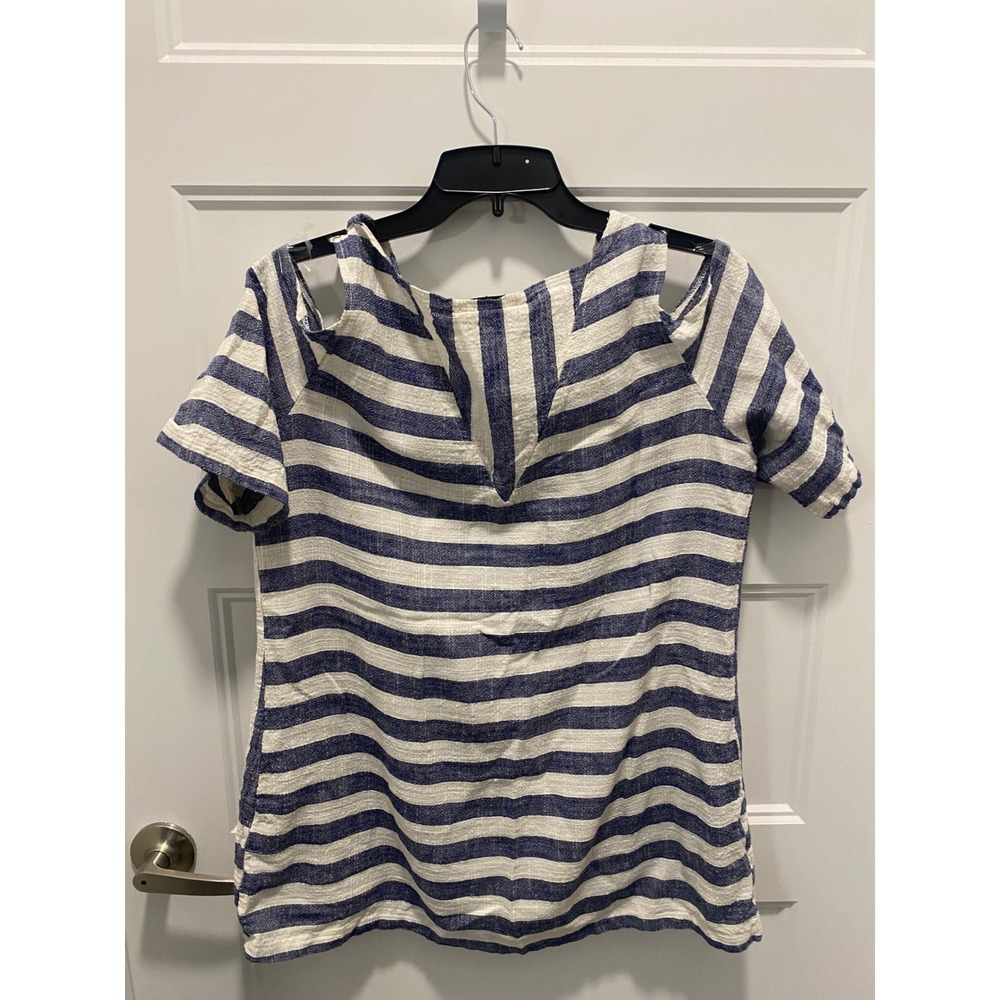 Summer classic Blue White Striped Linen Cotton Cold Shoulder Pocket Top Womens L - Picture 3 of 5